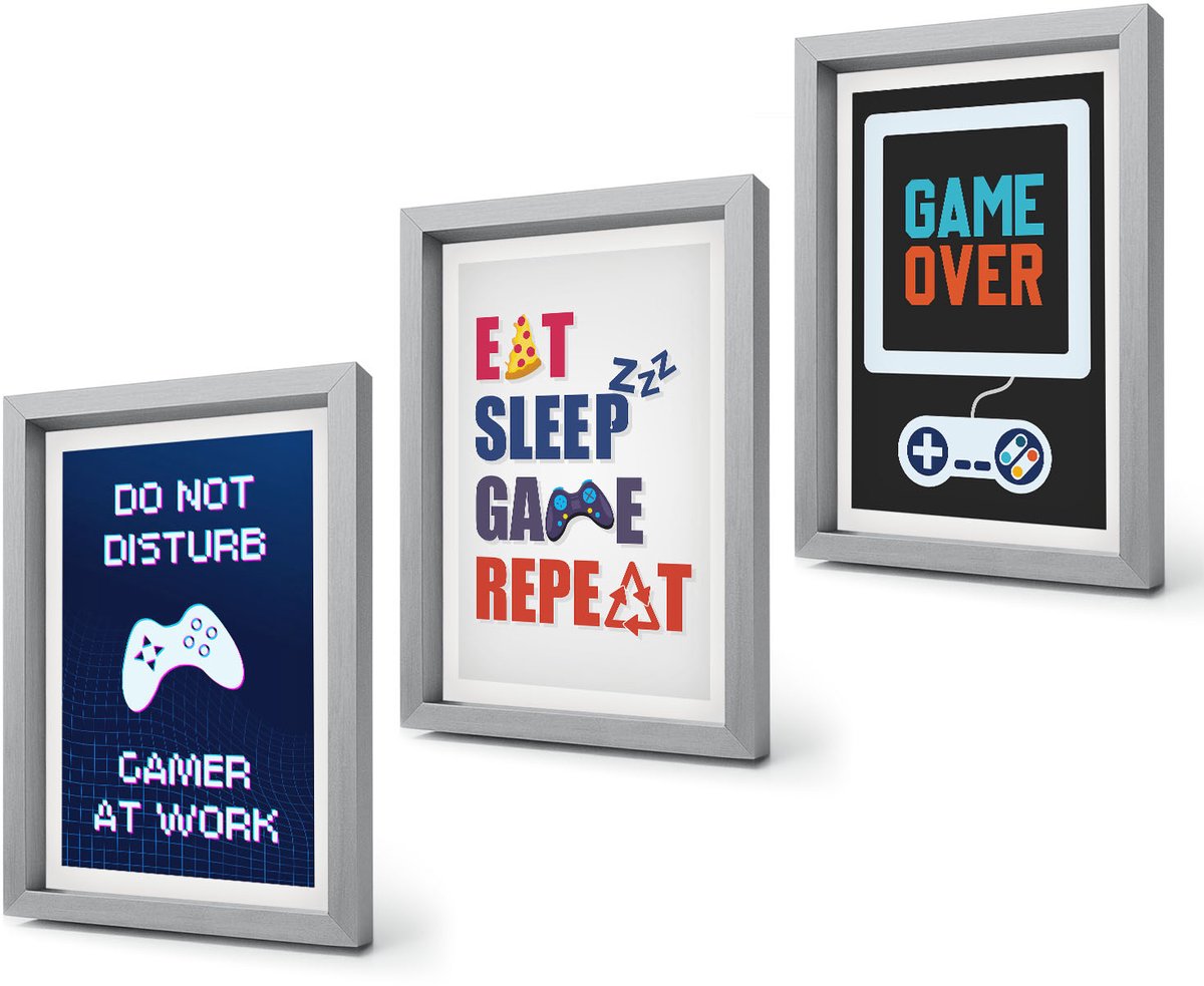 Coloray 4-Delige Schilderij Set - Ondertitels voor gamers met een entertainmentthema - 20 x 30 cm - Muurdecoratie - Wanddecoratie - Slaapkamer - Moderne Wanddecoratie Zilveren lijst