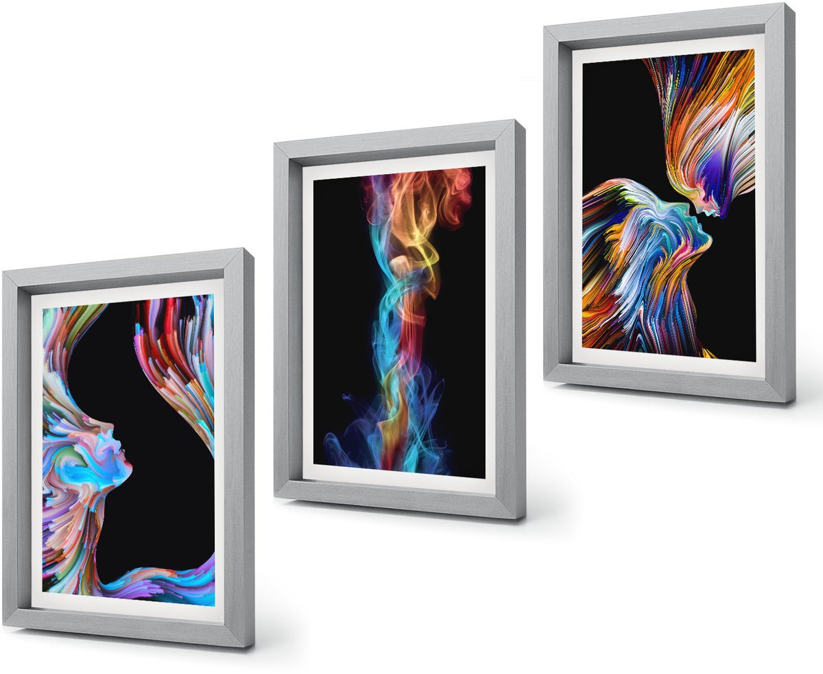 Coloray 4-Delige Schilderij Set - Kleurrijke abstracties met gezichten en dynamische vormen - 20 x 30 cm - Wanddecoratie - Woonkamer Decoratie - Interieur Decoratie Zilveren lijst