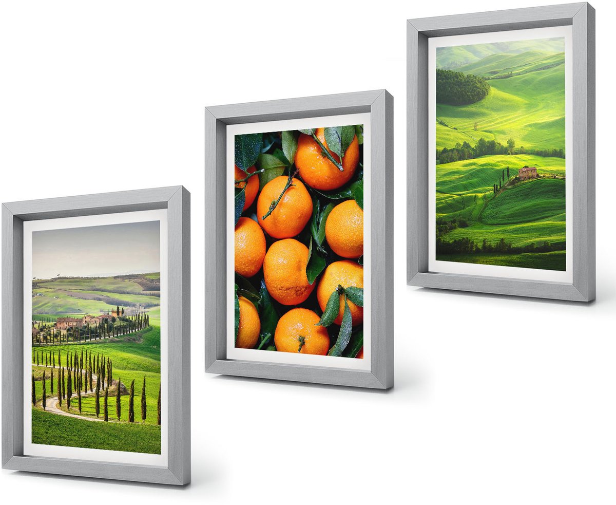 Coloray 4-Delige Schilderij Set - Italiaans plattelandslandschap met sinaasappelbomen en natuur - 20 x 30 cm - Muurdecoratie - Decoratieve Schilderijen - Wohnzimmer Zilveren lijst