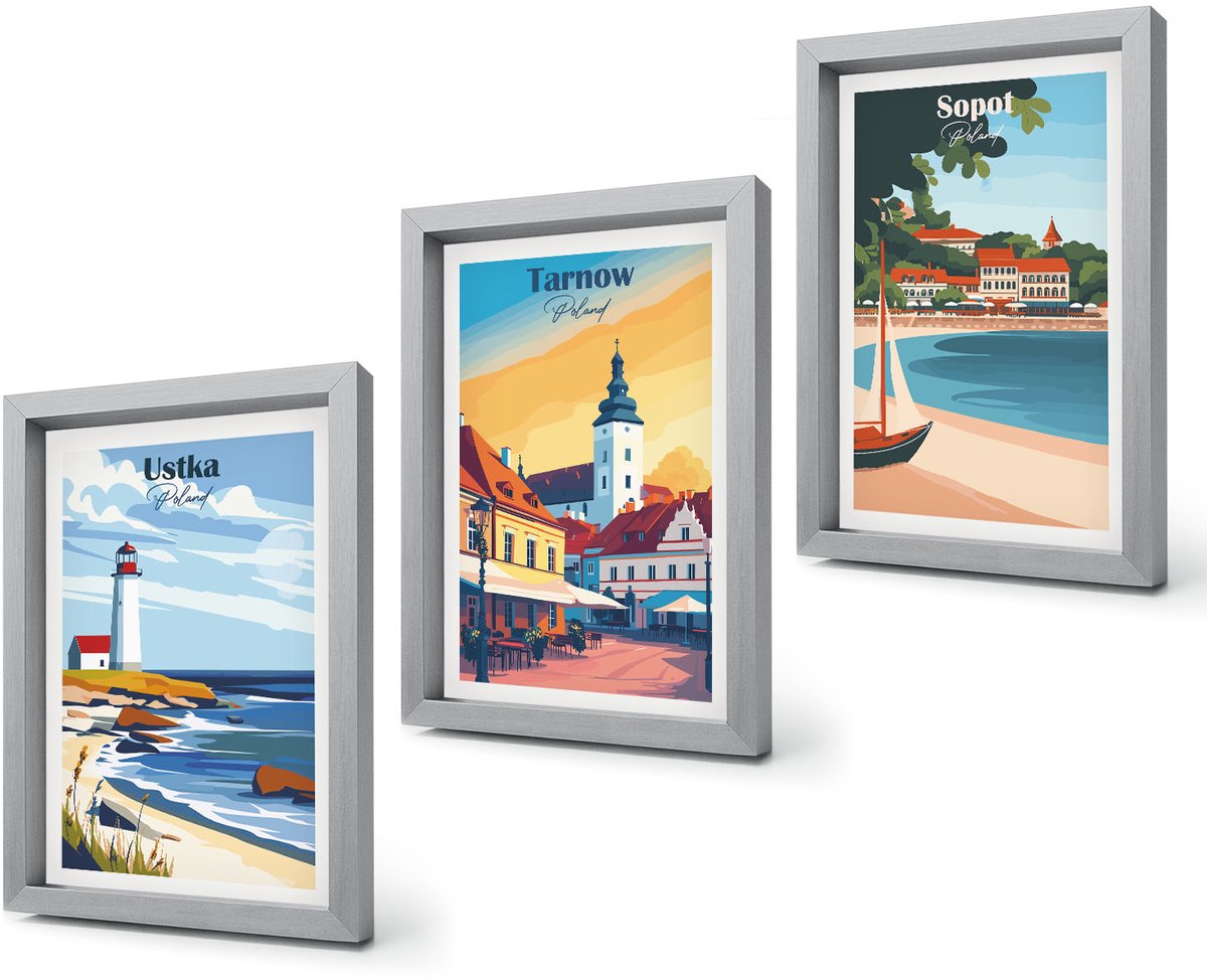 Coloray 4-Delige Schilderij Set - Uitzicht op de Poolse steden Ustka Tarnów Sopot - 20 x 30 cm - Muurdecoratie - Decoratieve Schilderijen - Wohnzimmer - Moderne Wanddecoratie Zilveren lijst