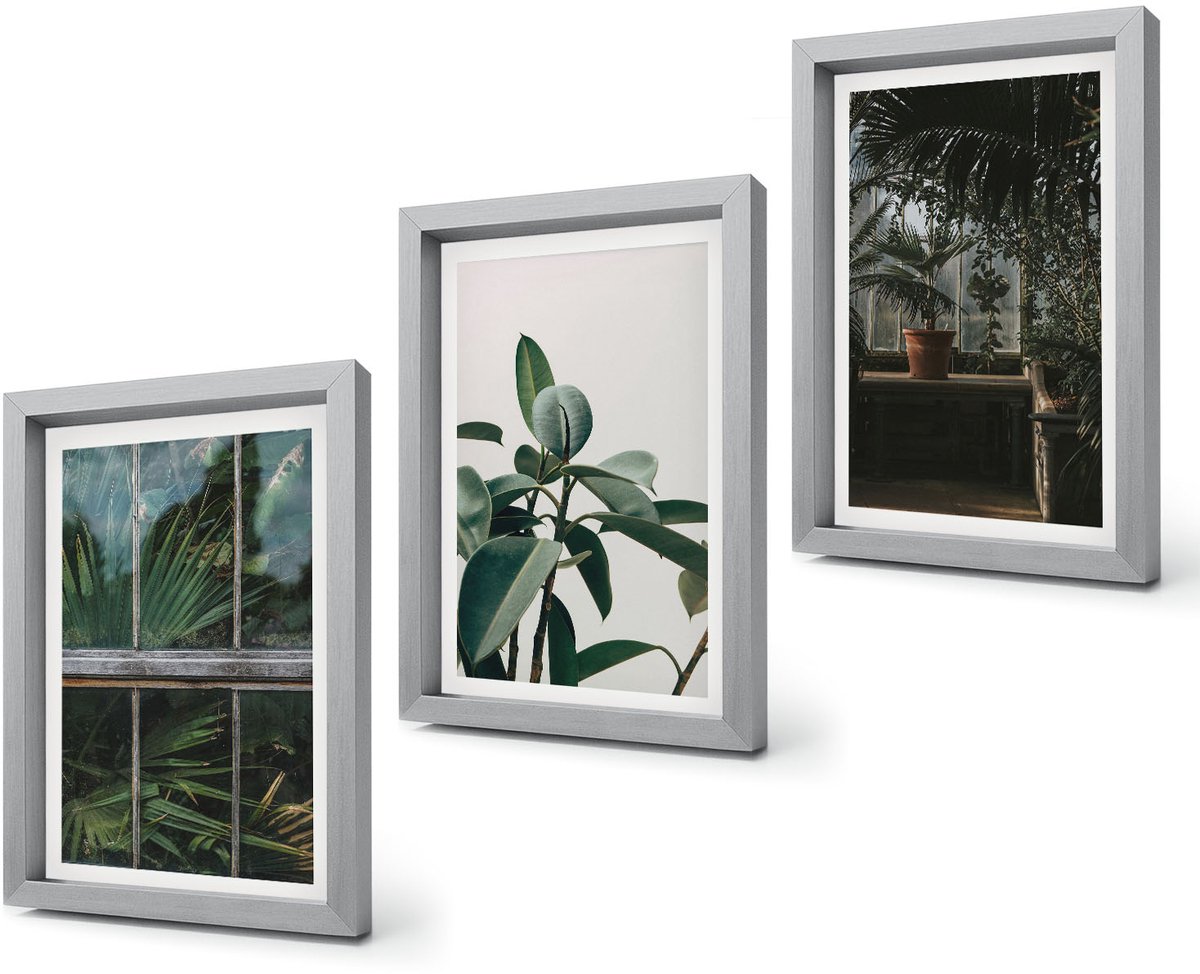Coloray 4-Delige Schilderij Set - Groene bladeren op het raam en planten in het interieur. - 20 x 30 cm - Wanddecoratie - Muurdecoratie - Moderne Interieurdecoratie - Interieur Decoratie Zilveren lijst