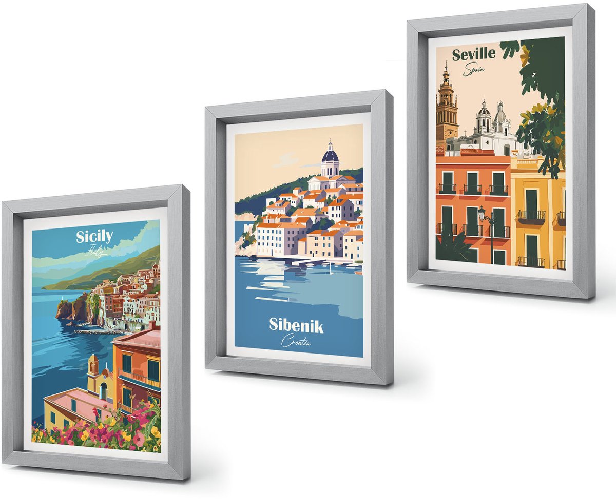 Coloray 4-Delige Schilderij Set - Europese stadsgezichten met kleurrijke gebouwen - 20 x 30 cm - Moderne Wanddecoratie - Woonkamer - Decoratieve Schilderijen Zilveren lijst