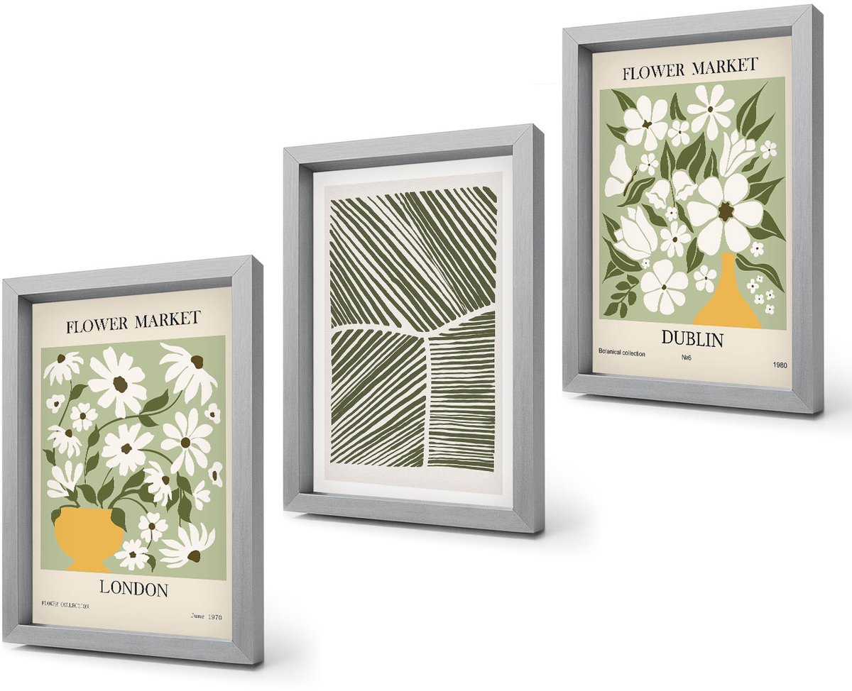Coloray 4-Delige Schilderij Set - Bloemmotieven Londen en Dublin Abstracte lijnen - 20 x 30 cm - Wanddecoratie - Muurdecoratie - Moderne Interieurdecoratie Zilveren lijst