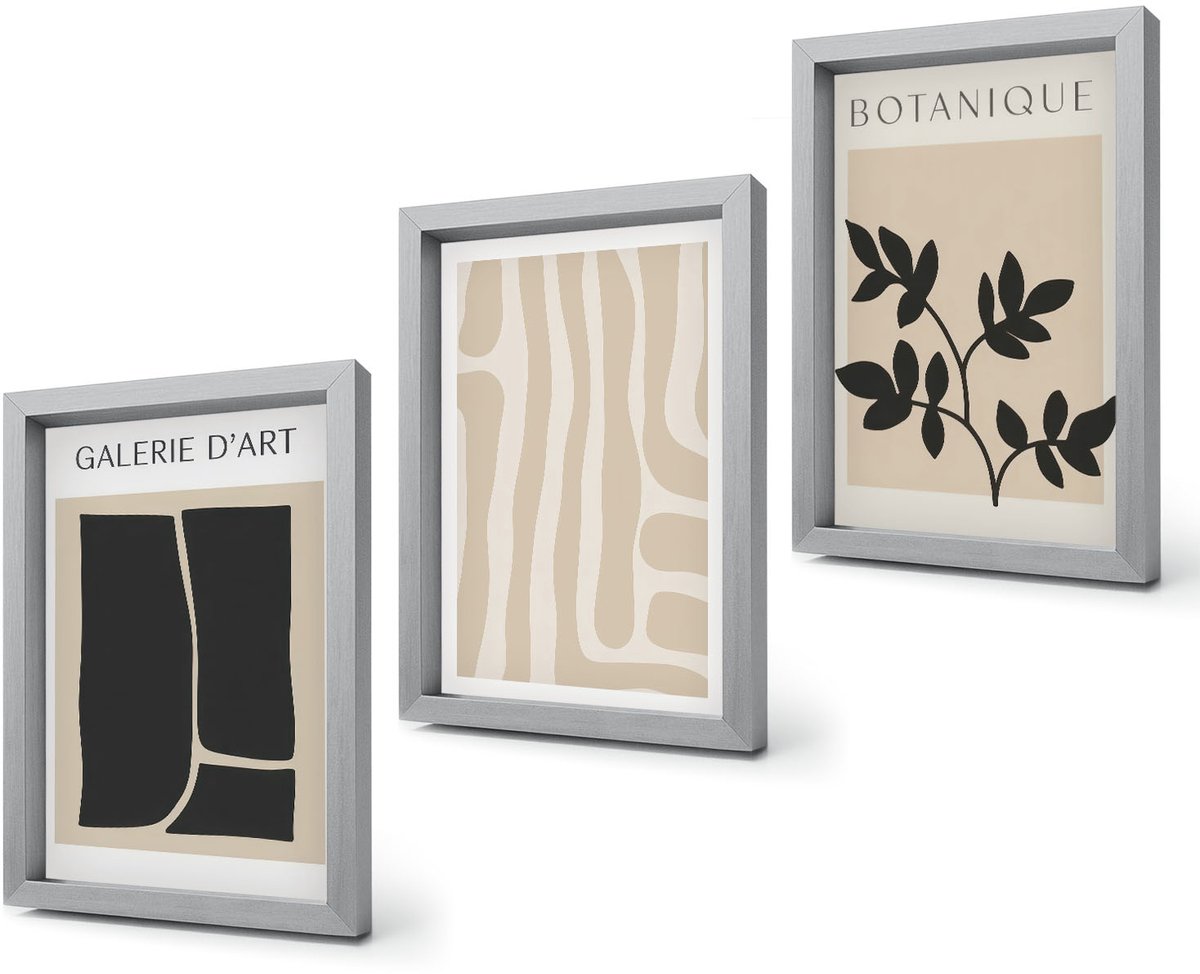 Coloray 4-Delige Schilderij Set - Abstracte vormen en plantmotieven in neutrale tinten. - 20 x 30 cm - Muurdecoratie - Wanddecoratie - Hal - Stijlvolle Muurdecoratie Zilveren lijst
