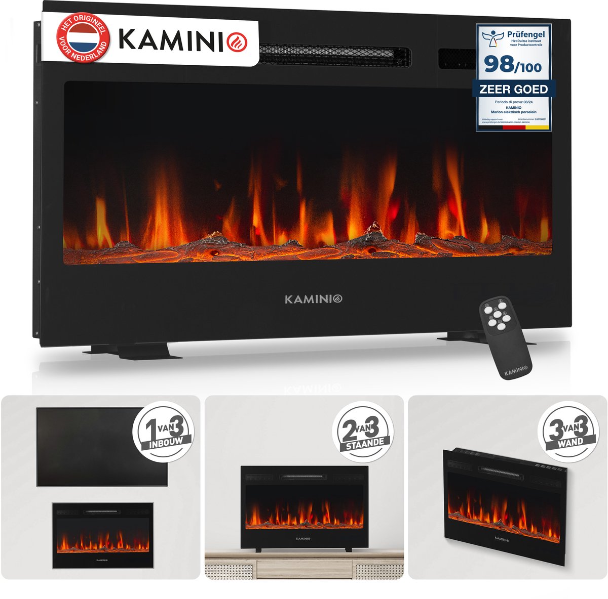 KAMINIO® Marlon PRO 30 Elektrokamin met Heizung [vrijstaand, inbouw & wandmontage] - 3-in-1 elektrische haard met LED-vlameffect in 12 kleuren, timer, thermostaat en afstandsbediening, inclusief accessoires, zwart