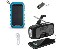 Noodradio Solar Opwindbaar en Batterij - Noodpakket - Draagbare Survival Radio - Inclusief 10.000 mAh Solar Powerbank en Noodfluit - Powerbank Zonneenergie - Bouwradio - Zaklamp - Zwart Grijs