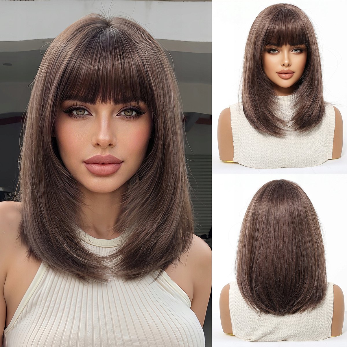 Damespruik Kort Bob Bruin 36cm met pony - Synthetisch