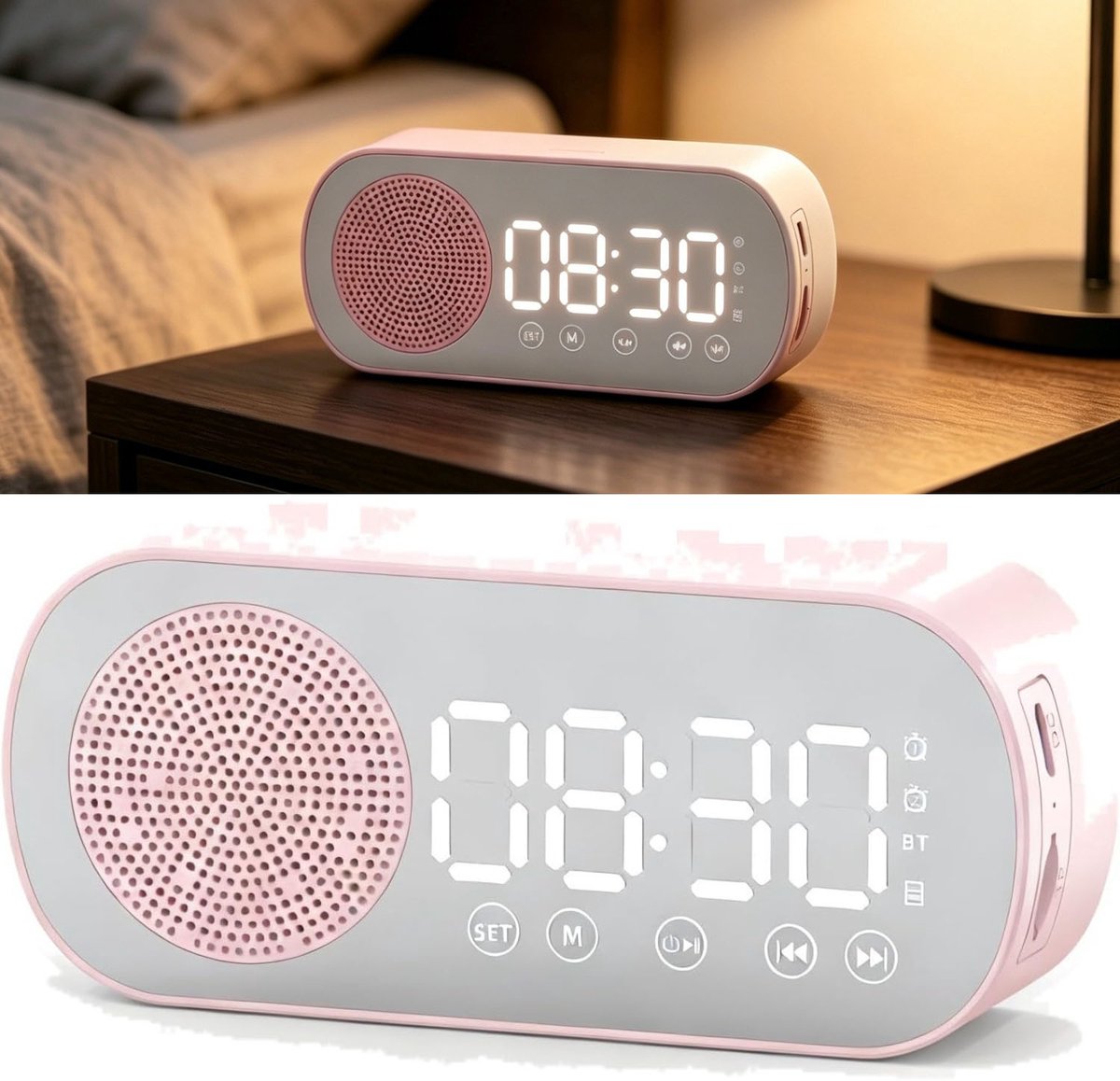 Roze Bluetooth speaker met klok – multifunctionele wekkerradio met LED-display – draadloze luidspreker voor thuis en kantoor