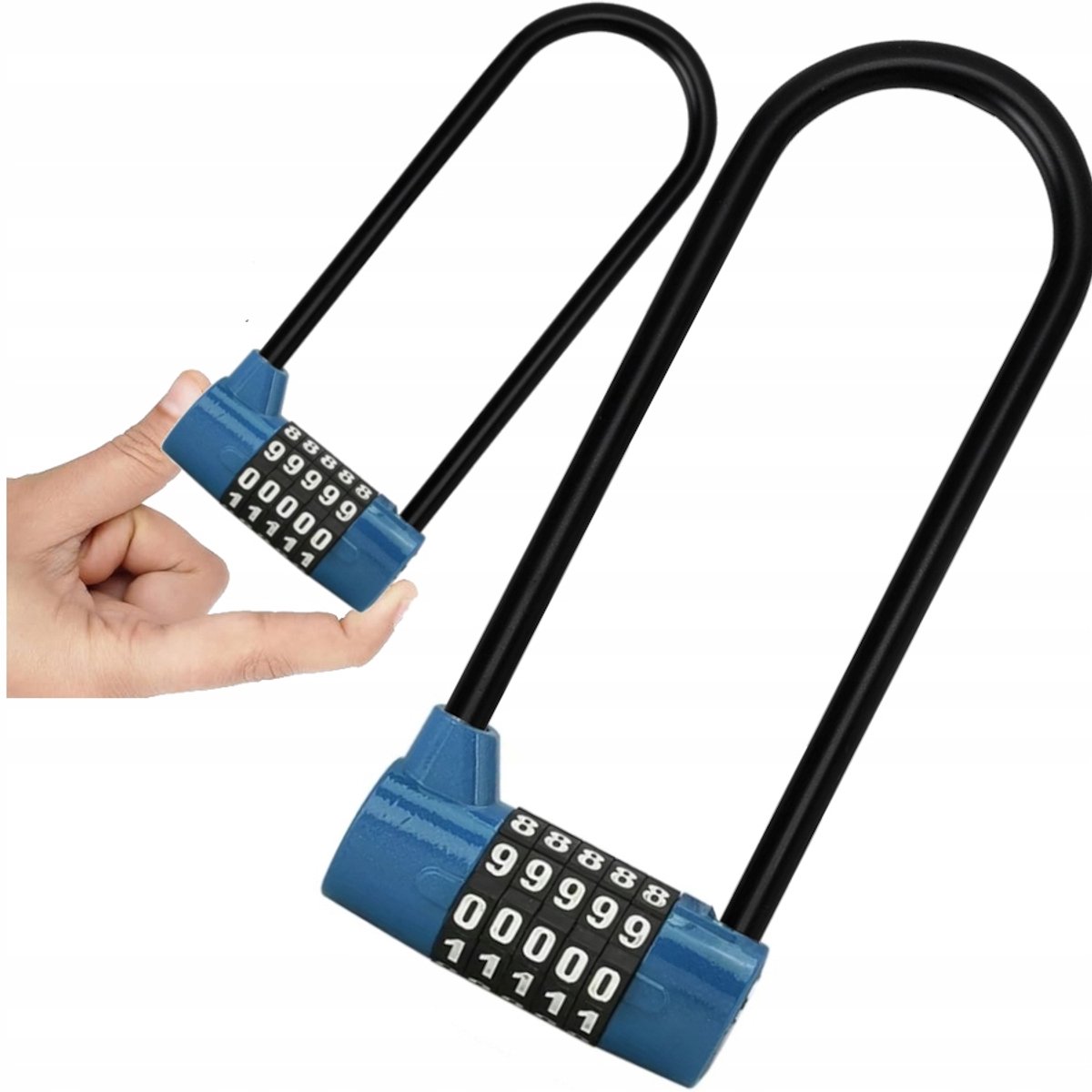 Cilinderhangslot met lange beugel, 5 cijfers, instelbare code, blauw