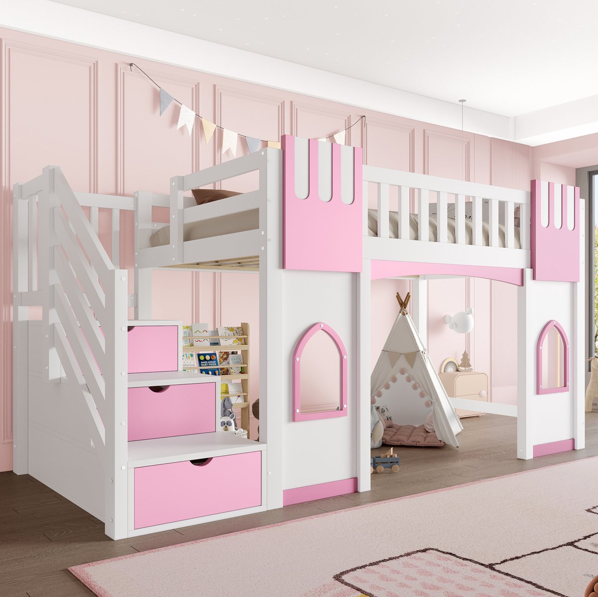 REDOM - Hoogslaper - Stauraatrap met opbergruimte - Met ramen en uitvalbeveiliging - Hout en MDF - Kinderkamer - Wit - Roze - 253 x 95 x 127,5 cm