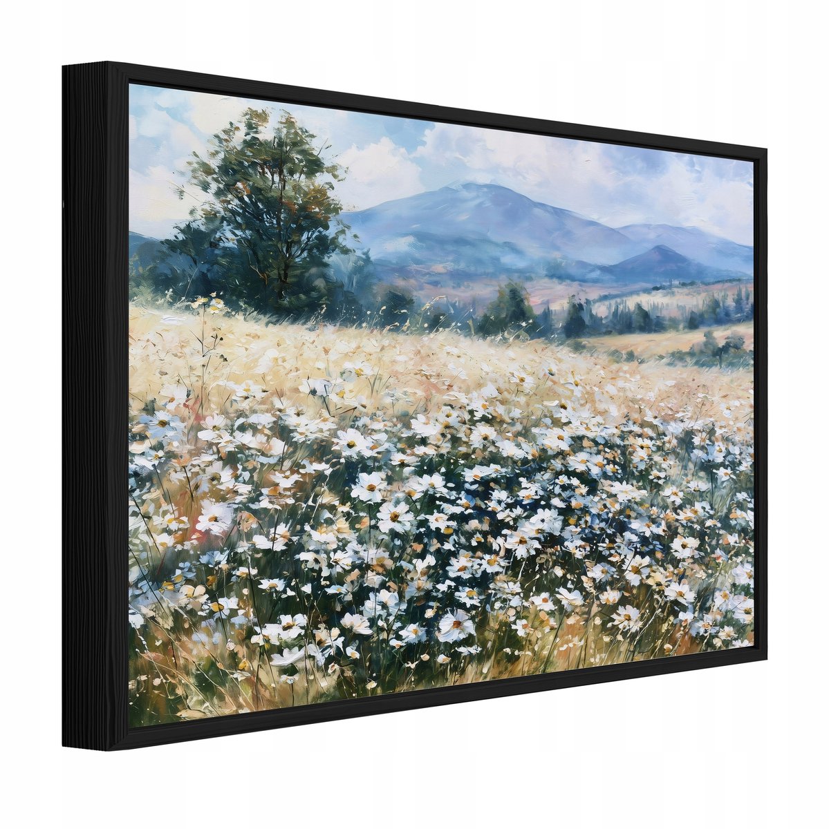 WALLARENA Schilderij op canvas met zwarte lijst - 100x70 cm - weide met wilde bloemen - voor slaapkamer en woonkamer Beige