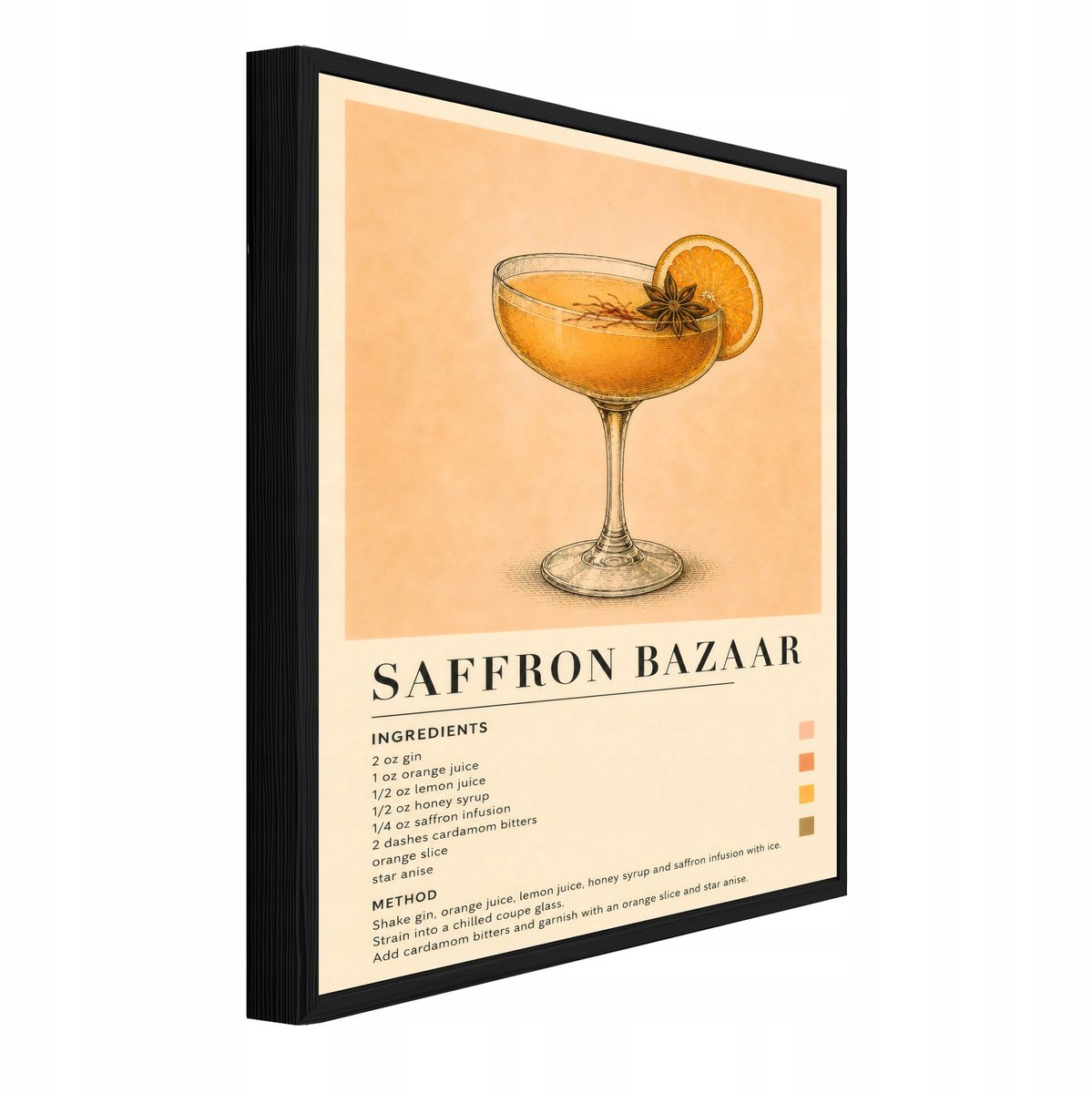 WALLARENA Schilderij op canvas met zwarte lijst - 120x80 cm - Saffron Bazaar cocktailrecept in retrostijl - voor keuken en thuisbar Beige