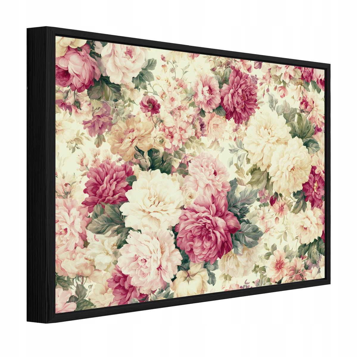 WALLARENA Schilderij op canvas met zwarte lijst - 120x80 cm - pioenrozen in boho-stijl - voor slaapkamer en woonkamer Beige
