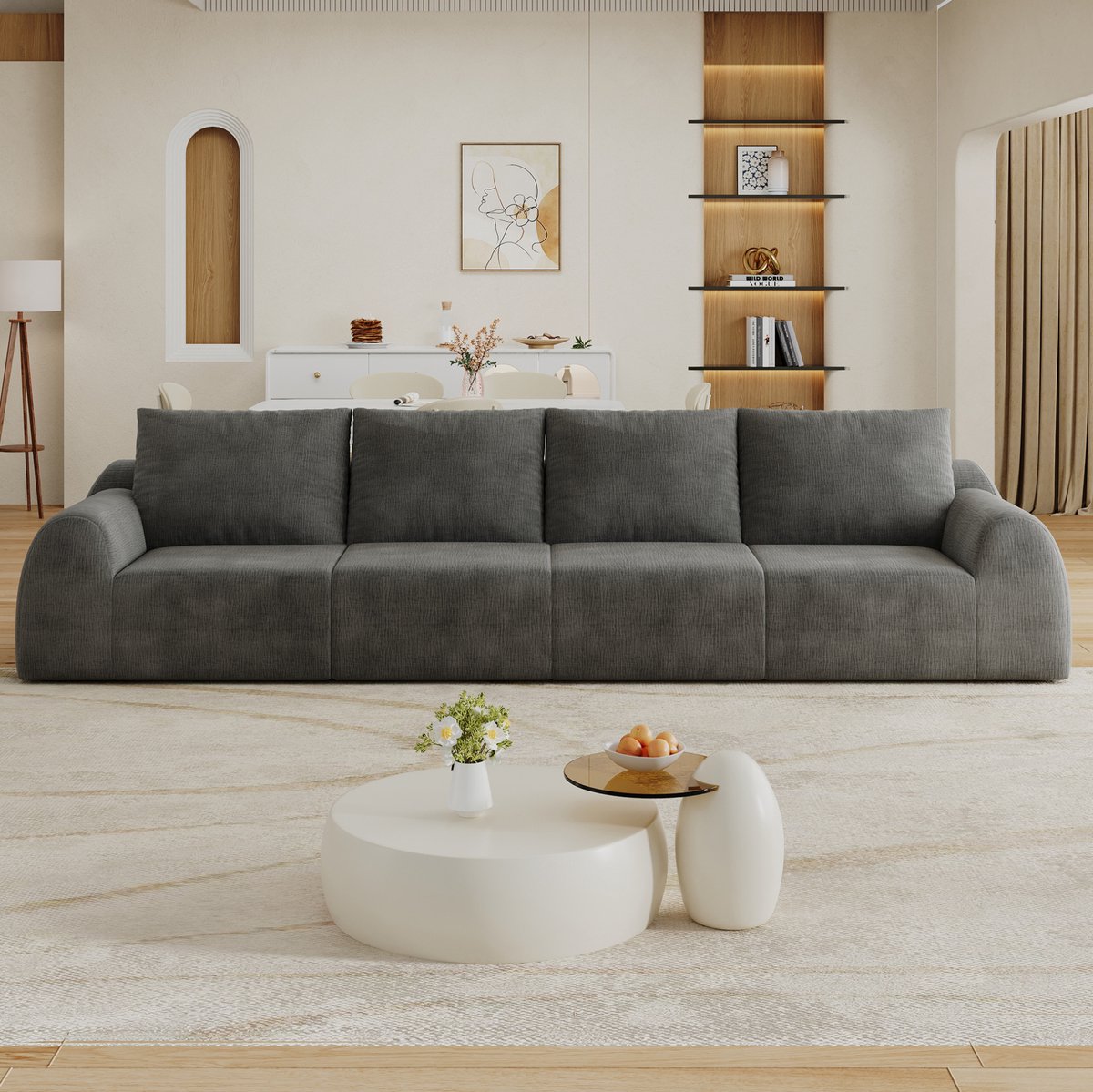 4-Zits Zitbank 324 Cm - Zachte Compressie Sofa Met Chenille Bekleding - Voor Woonkamer En Appartement - Stof - Donkergrijs