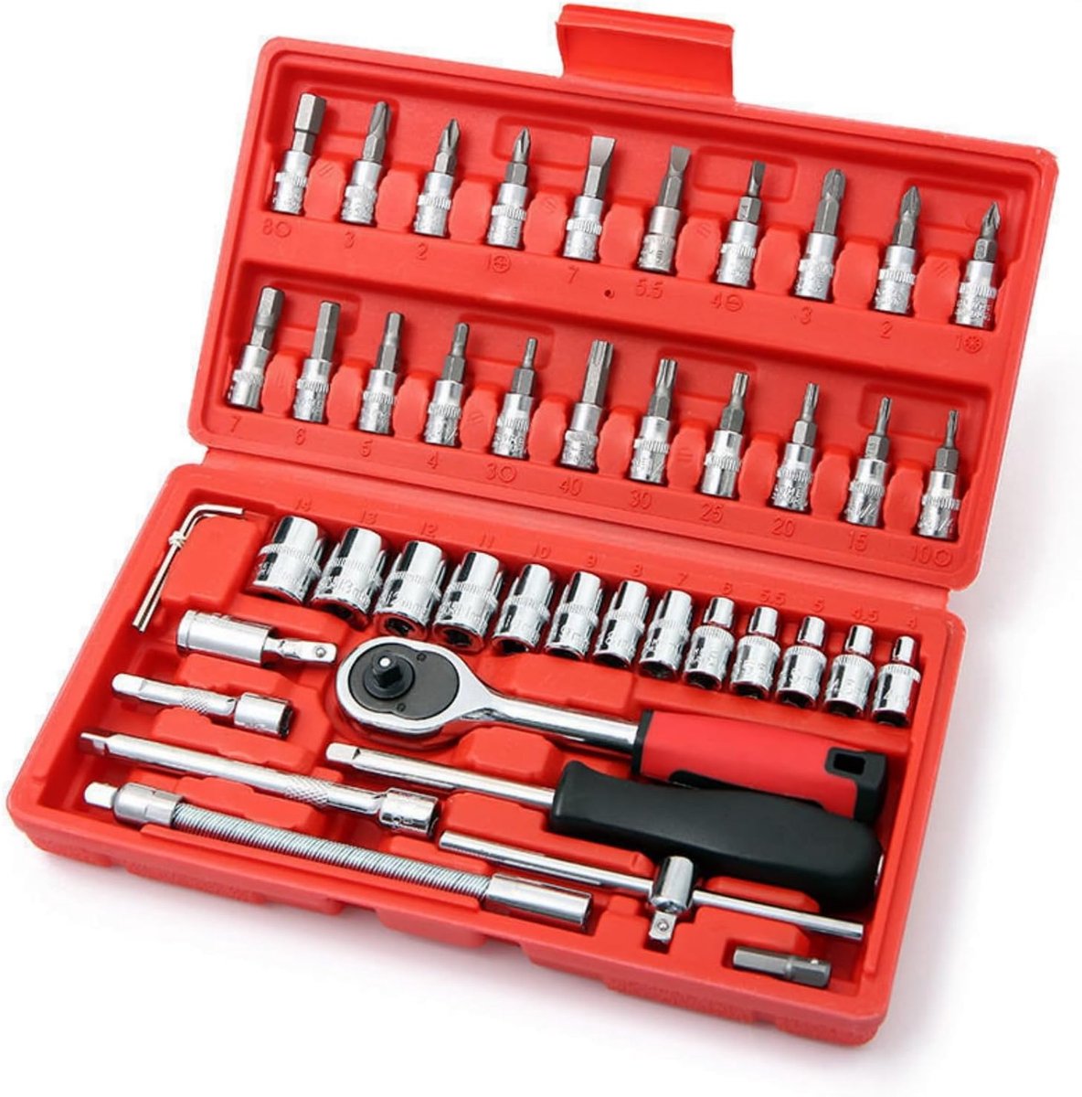 Mechanisch gereedschapset 46-delig - 1/4 inch ratel en verlengstangen - hoogwaardige chroom vanadium staal - ShopVlot