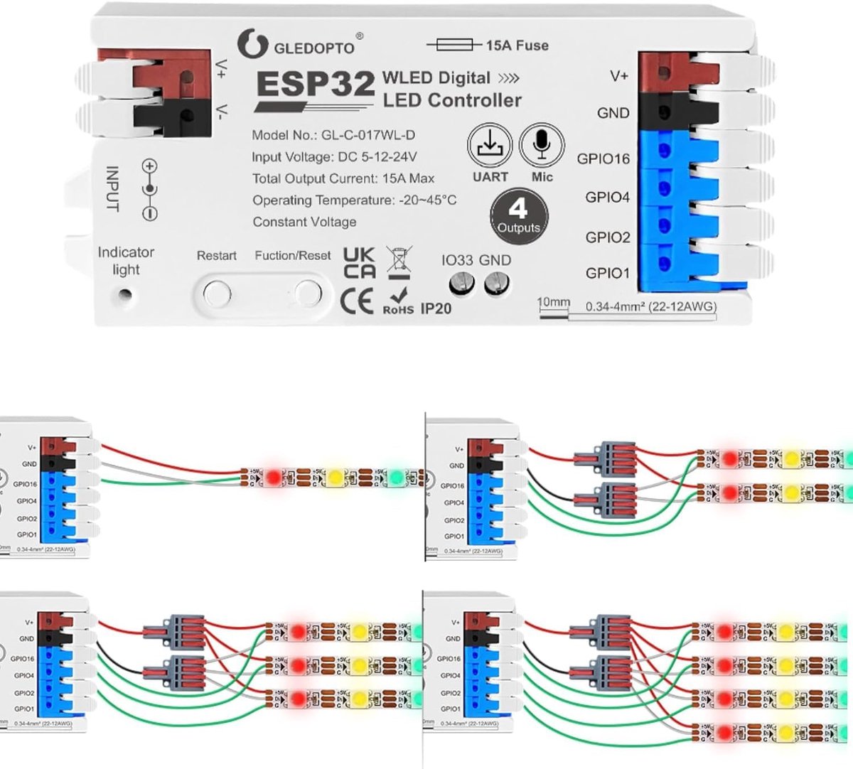 LED-controller 4-kanaals - digitale WLED-controller - 15A zekering - perfect voor adresseerbare lichtstrips - ShopVlot