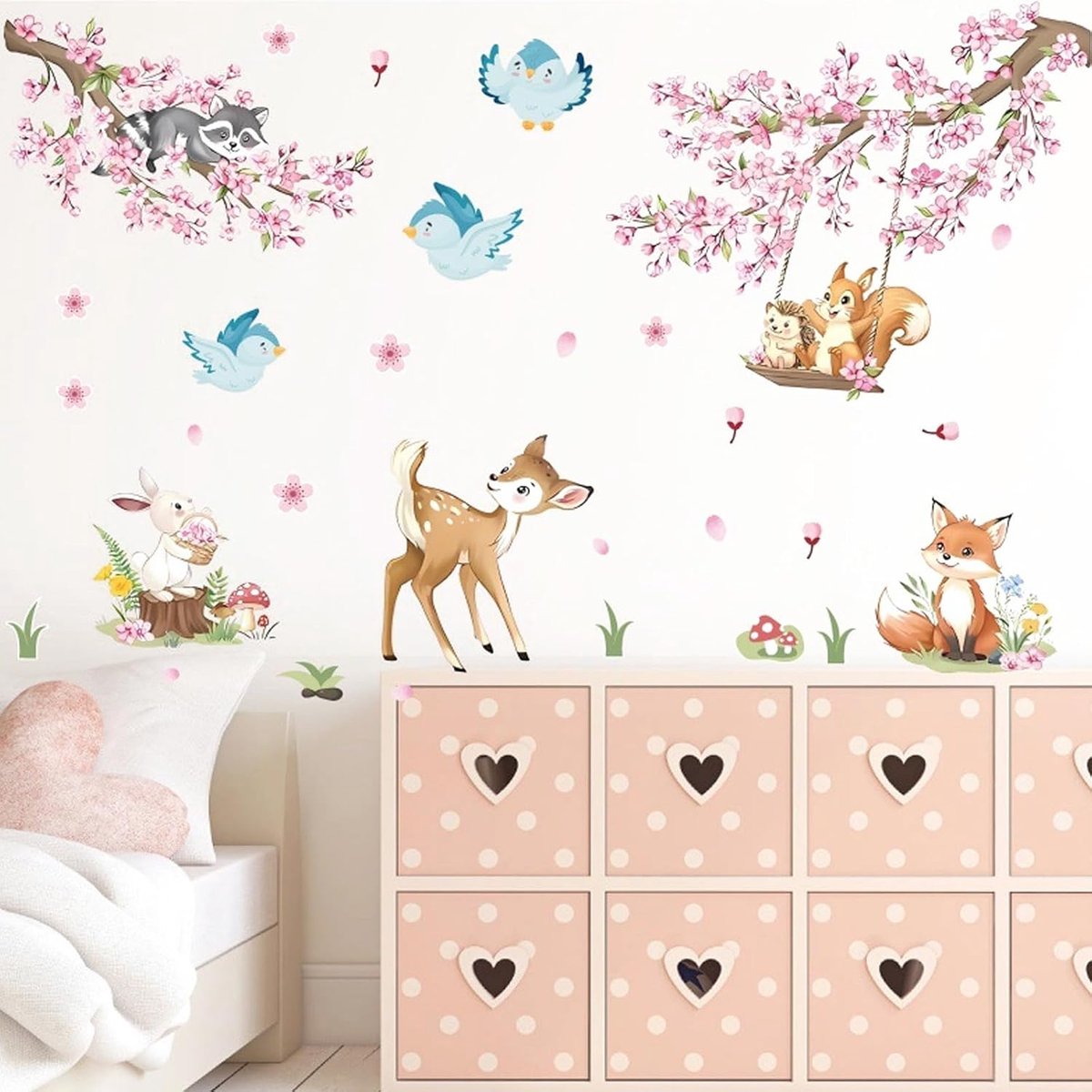 Muursticker jungle dieren - safaridieren en bloemen - roze kersenbloesem - sfeervolle wanddecoratie - ShopVlot