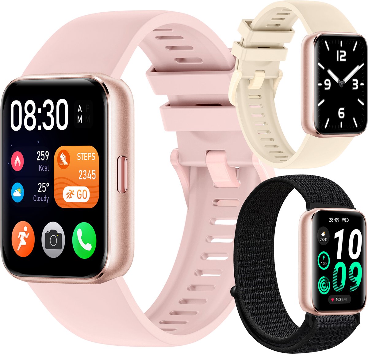 Siltcon® Activity Tracker Pro - Stappenteller Horloge Dames & Heren - Smartwatch Heren - Smartwatch Dames - Belfunctie - 1,75″ Touchscreen - Hartslagmeter & Bloeddrukmeter - Slaapmonitor - Elke Pols - Geschikt voor iOS/Android - Incl. 3 Bandjes
