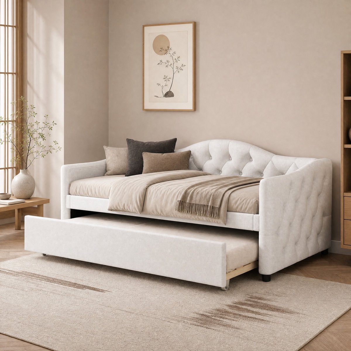 Wishdor Slaapbank 90x200 cm - Uitrolbed met lattenbodem - Minimalistisch design - Stof en MDF - Beige - Voor volwassenen - Voor kleine ruimtes