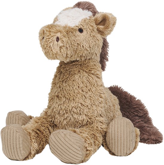 Bruin pluche paard Billy met zachte vacht, witte bles op voorhoofd en donkerbruine manen en staart.