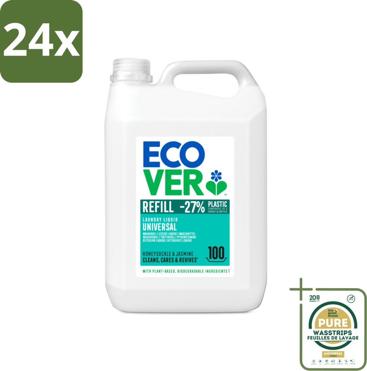 Ecover - Vloeibaar wasmiddel - Universeel - Kamperfoelie & Jasmijn - 5 liter - 100 wasbeurten - Voordeelverpakking - 24 stuks - Plantaardig wasmiddel - Vlekkenverwijderaar