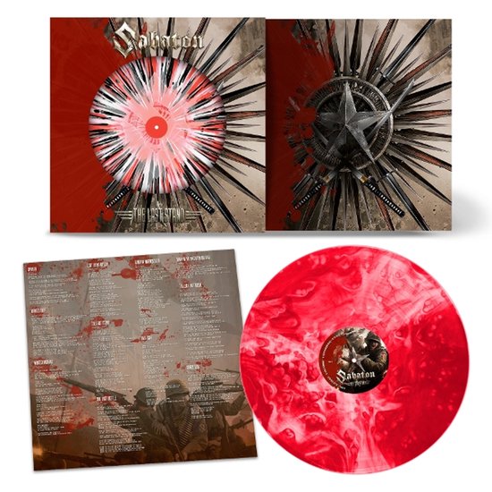 Vinyle Sabaton 'The Last Stand' : rouge marbré avec étoile et épées, incluant les paroles.
