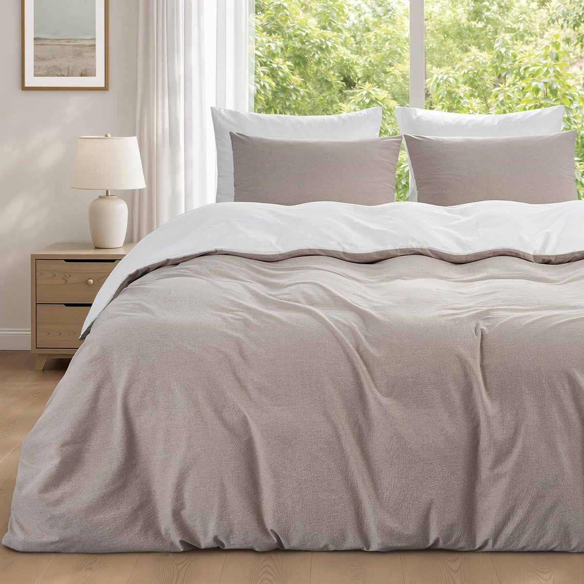 Dekbedovertrek 200 x 200 cm - omkeerbaar linnen/wit - 100% voorgewassen katoen - luxe slaapervaring - ShopVlot