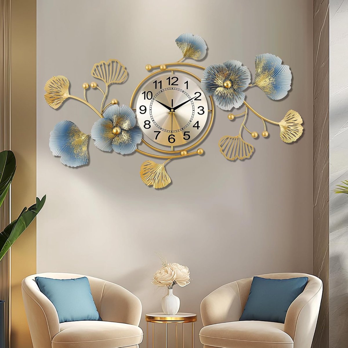 Wandklok 84x48 cm - Metalen Luxe Ginkgo Blad - Stille Moderne Art Deco - Perfect voor Woonkamer of Kantoor - ShopVlot