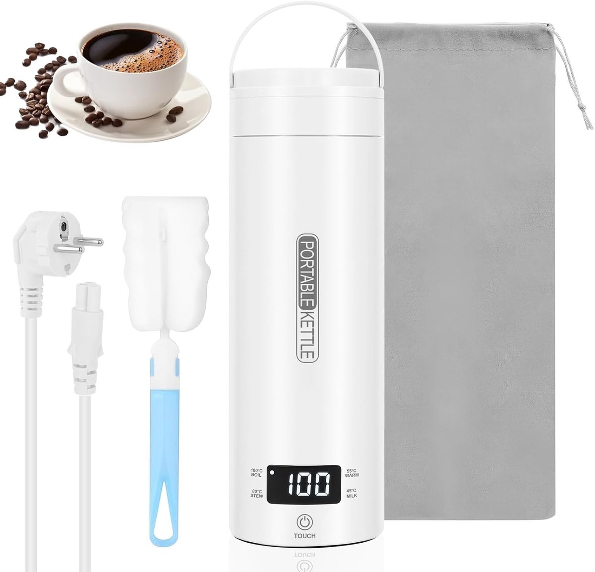 Elektrische Reiswaterkoker - Wit - 500 ml - Draagbare Waterkoker van Roestvrij Staal - Voor Thee en Koffie