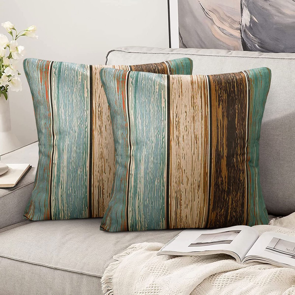 Kussenslopen 50 x 50 cm - Moderne Groene Linnen - Set van 2 met Houten Strepen - Perfect voor je Bank - ShopVlot