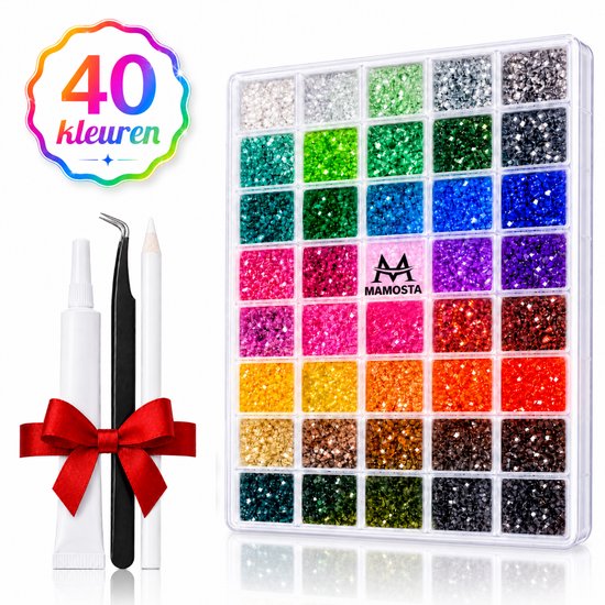 Boîte de 40 couleurs de paillettes, colle, pincettes et crayon cire, attachés avec un ruban rouge.