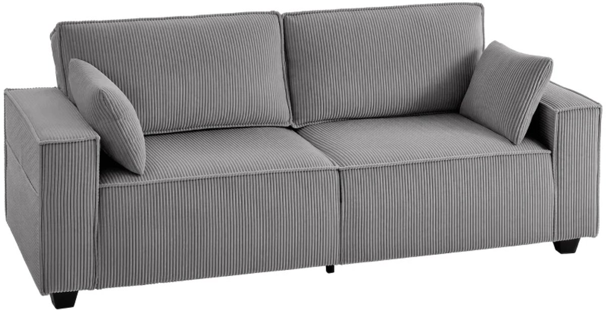 3-zitsbank - 218 cm - Moderne Corduroy Bank met Pocketvering Bekleding - Brede Armleuningen - 2 Kussens - Lichtgrijs