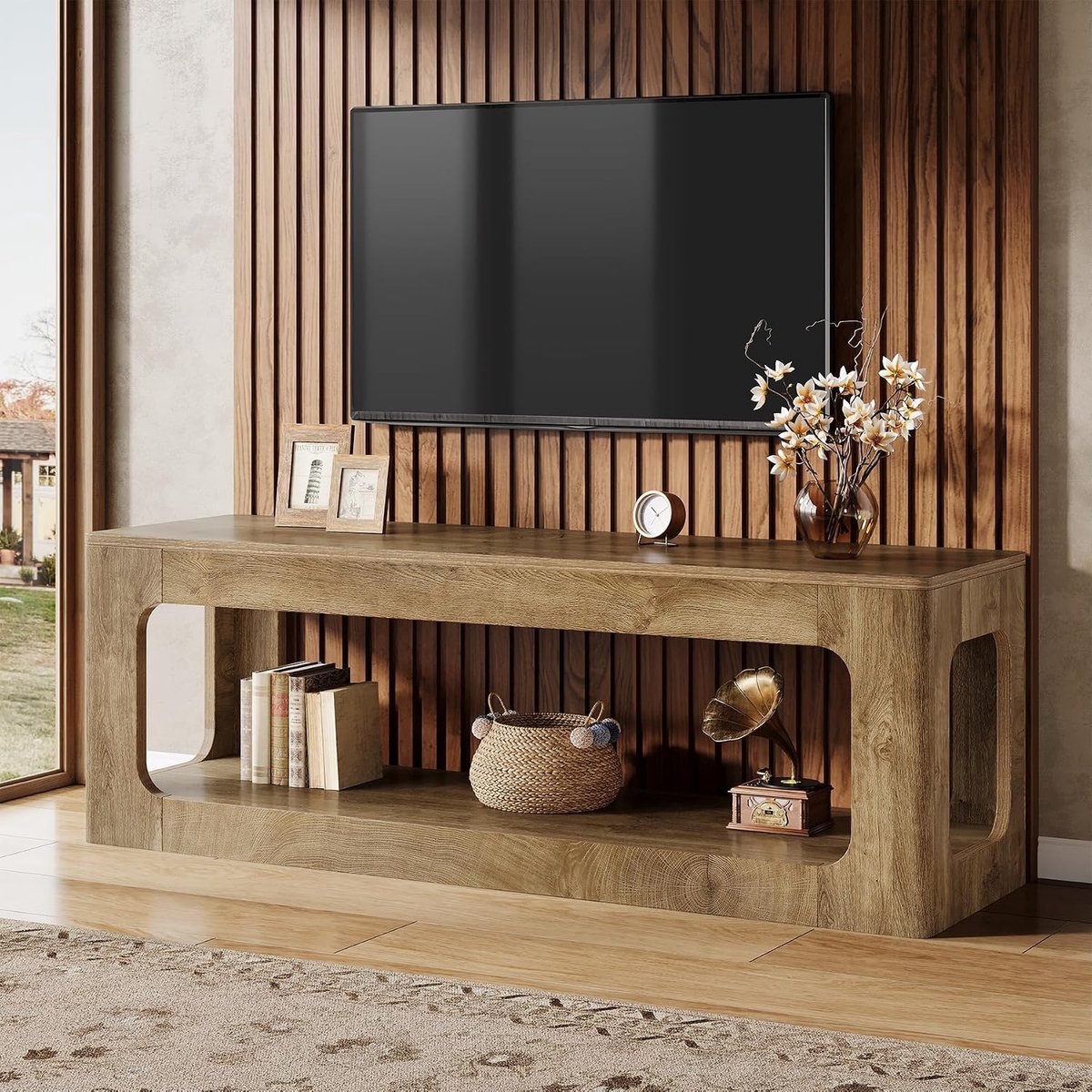 LITTLE TREE TV Meubel - 160 x 40 x 55 cm - Landelijk media meubel voor tv's van 55‑75 inch - 2‑laags opberg‑entertainmentcentrum - Bruin