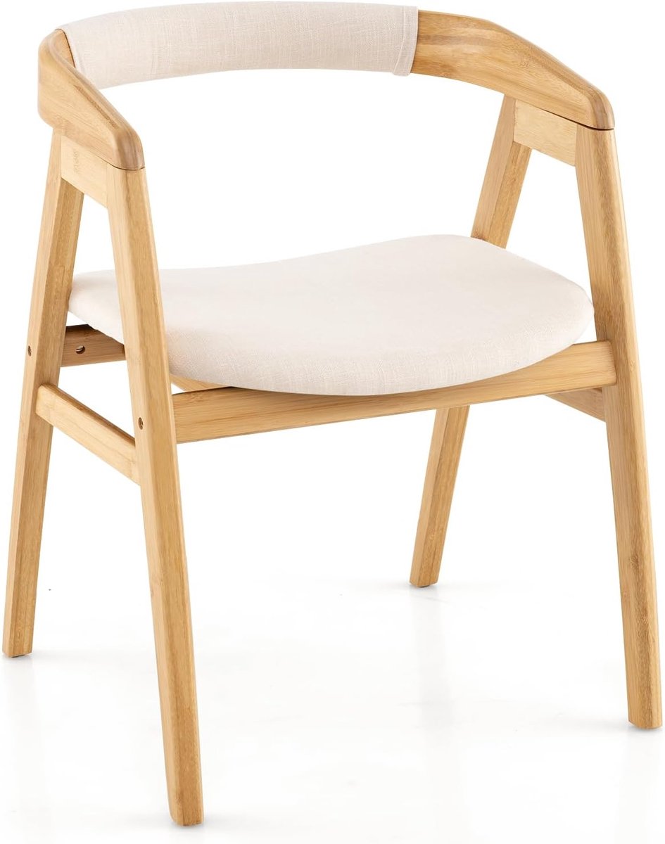 COSTWAY Eetkamerstoel van bamboe, accentstoel met rugleuning en zitkussen, gevoerde boho-vrijetijdsstoel voor woonkamer, eetkamer, slaapkamer, kantoor, natuur (1 stuk)