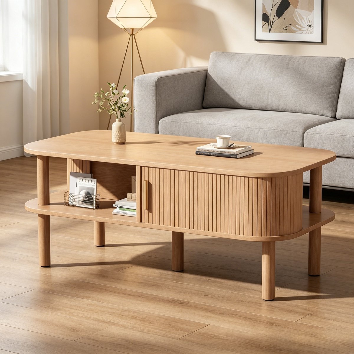 Scandinavische Salontafel 110x55x45 cm – MDF Woonkamertafel met Geribbelde Schuifdeur en Open Vakken – Opbergtafel, Bijzettafel – Naturel Houtkleur