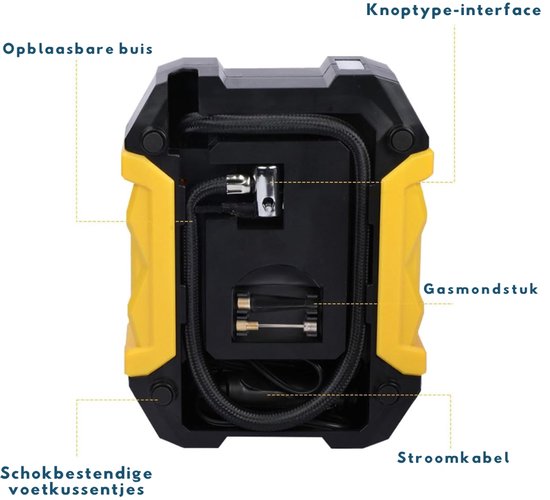 QUOVO® Autobanden Pomp - Elektrische Fietspomp - Compressor Bandenpomp - Luchtcompressor Met LCD Scherm - Geel/Zwart - 26cm x 10cm x 20cm — afbeelding 5