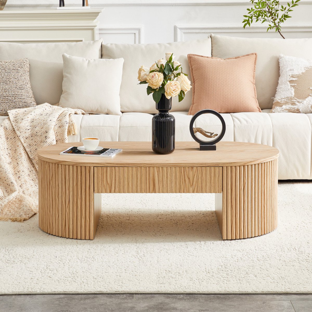 Ovale Salontafel 105x54x38 cm – Eikenlook Woonkamertafel met Lade en Geribbeld Front – Opbergtafel, Sofatafel – Naturel Houtkleur