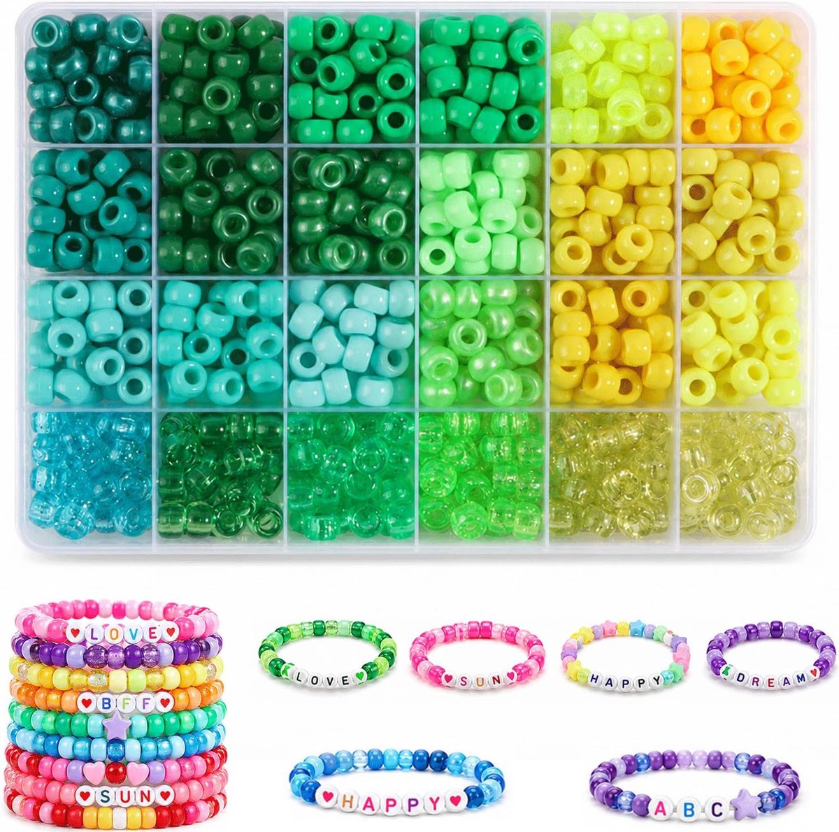 Ponykralen, 720 stuks, 24 kleuren, ponykralen met opbergdoos, 6 x 9 mm, kralen met groot gat om te rijgen, armbanden zelf maken, kralenset, doe-het-zelf sieraden, knutselen, cadeau (Geel, groen)
