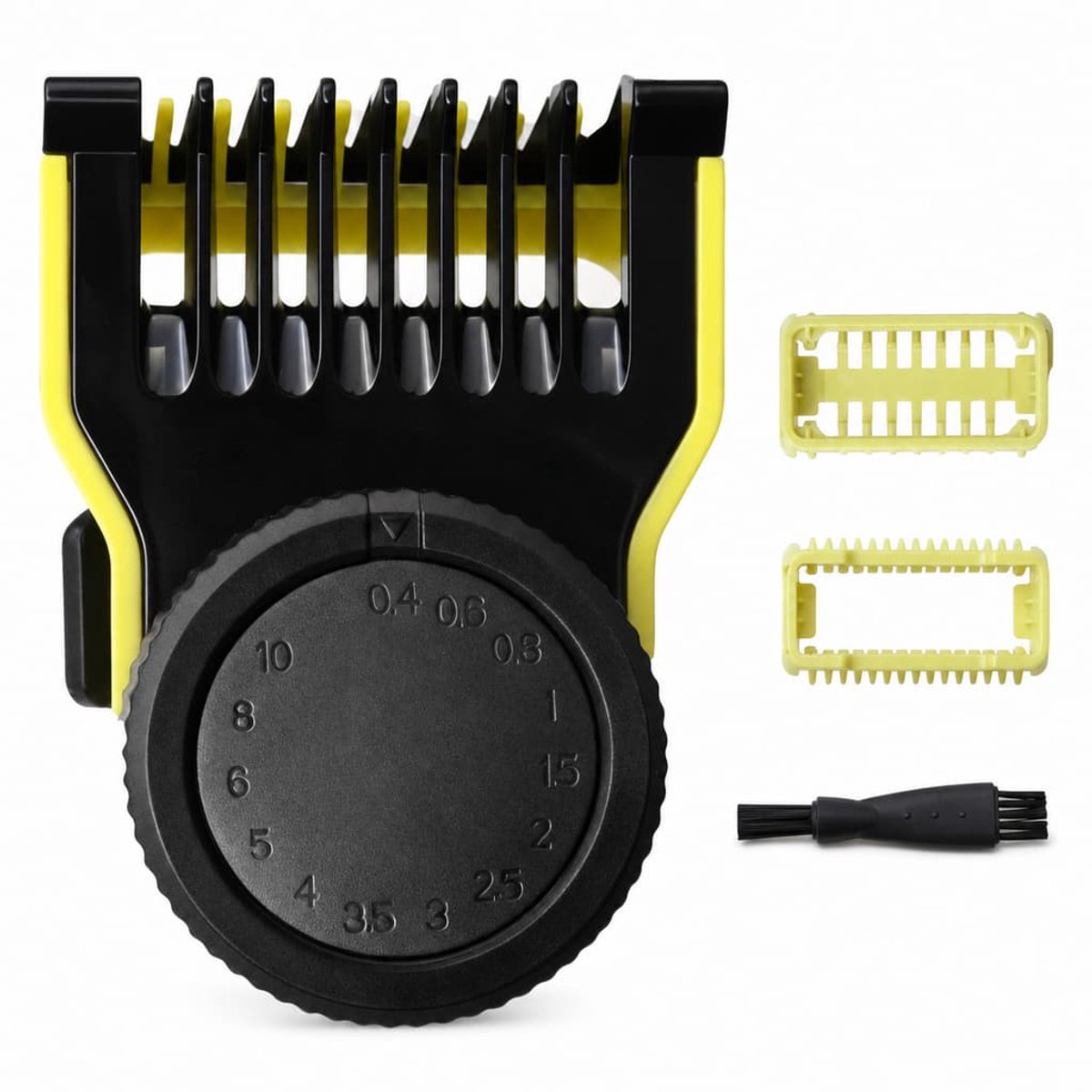 Verstelbare Opzetkam voor OneBlade, 14 Kniplengtes van 0,4–10 mm, 4-delige Baardtrimmer Accessoireset met 2 Contouropzetstukken en Reinigingsborstel, Compatibel met QP2520, QP25XX, QP26XX, PRO QP65XX en QP66XX
