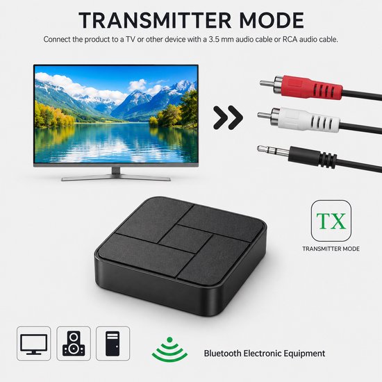 Bluetooth Transmitter Receiver 2-in-1 - Draadloze Audio Zender en Ontvanger - 3.5MM AUX / RCA - BT 5.0 - Zwart — afbeelding 4