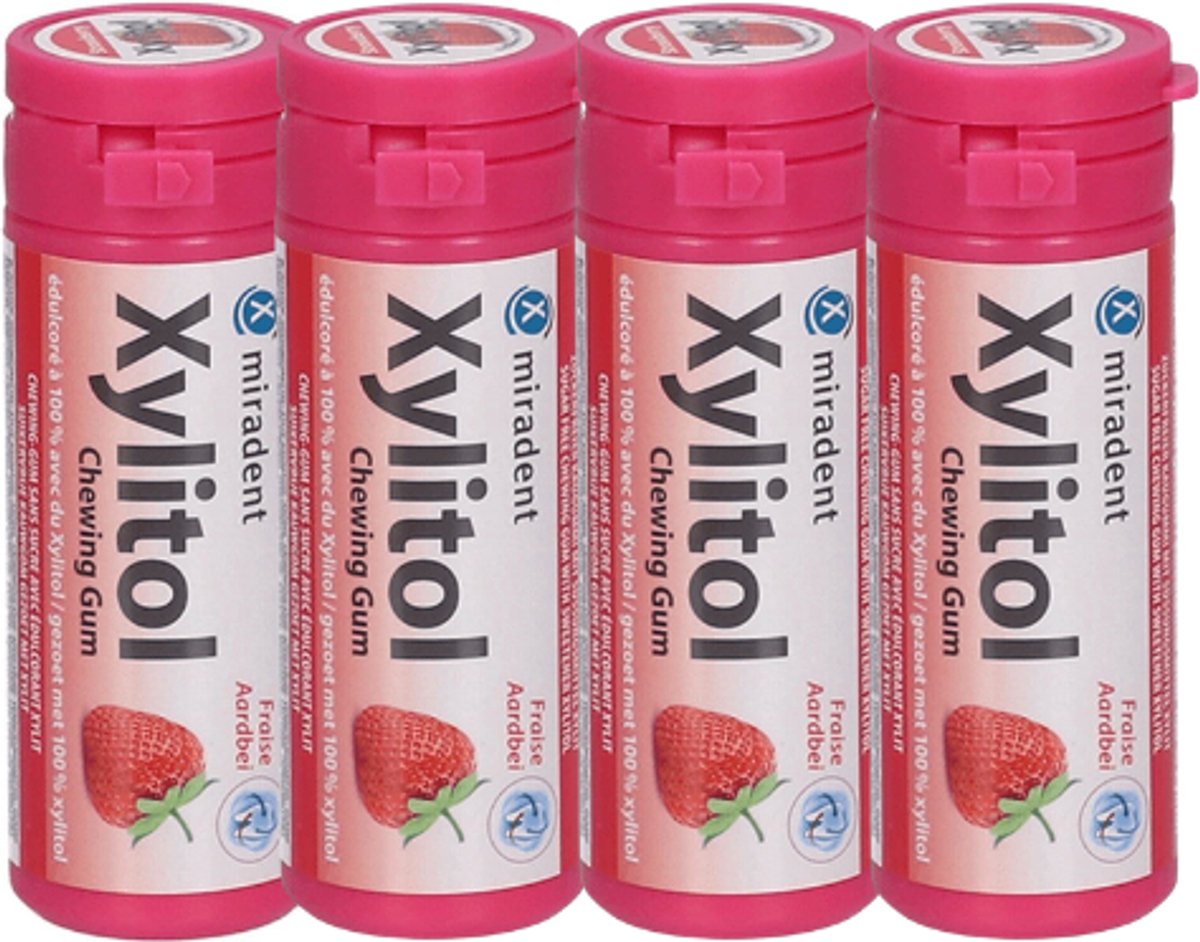 Miradent Xylitol Kauwgom - Aardbei - 4 x 30 stuks - Voordeelverpakking