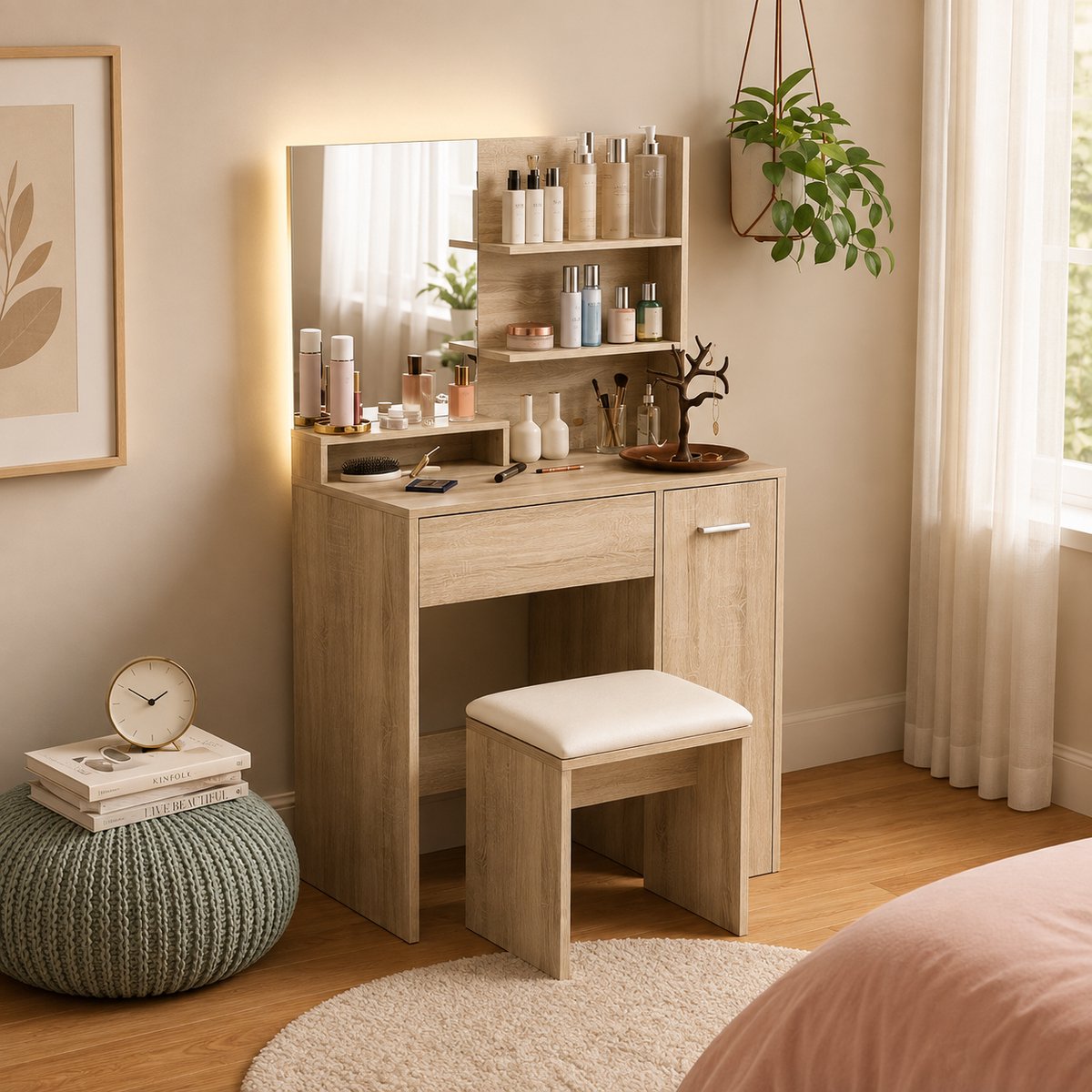 Merkloos Dressingkledingtafel met opbergruimte en bijpassende kruk - houtlook - 80x40x132 cm