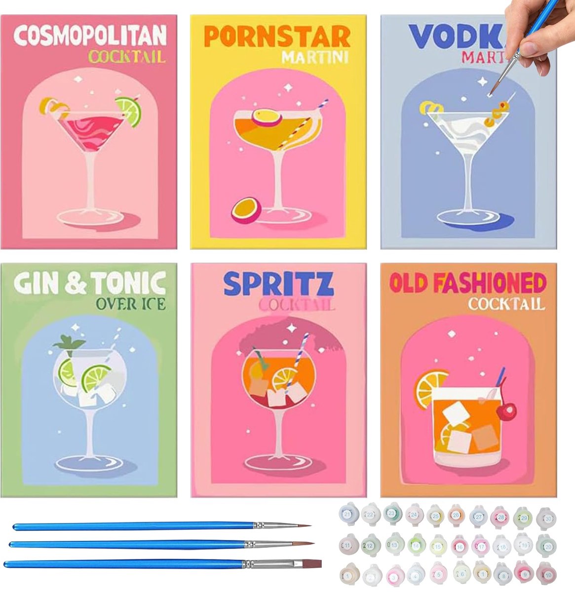 Schilderen op nummer 6 stuks - cocktailverf, kwasten en acrylverf - canvas voor kinderen en beginners - ShopVlot