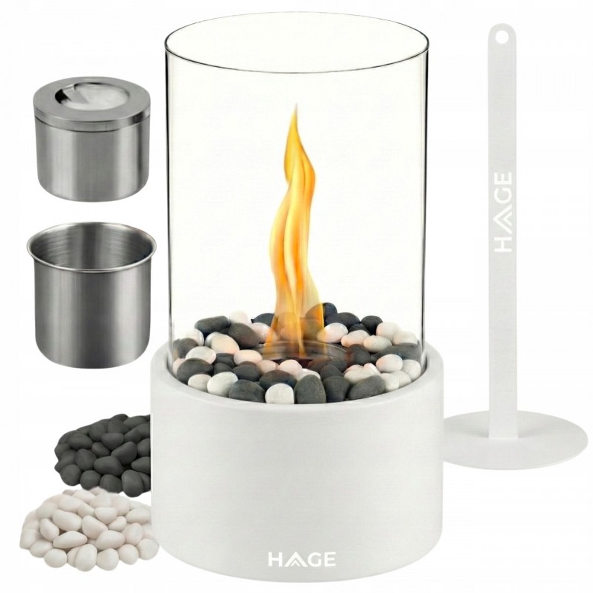 Hage - Bio-Ethanol Tafelhaard - Rookvrije Biohaard - Vrijstaand – Voor Binnen & Buiten - Terras, Balkon & Tuin - Borosilicaatglas - Staal - 27 x 16.5 cm - Wit