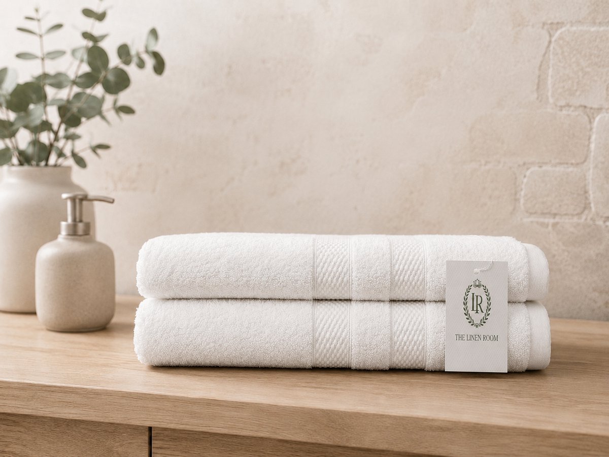 The Linen Room Handdoeken – 70 x 140 cm – Set van 2 – 100% Katoen – 500 GSM Dubbelgetwijnd 20/2 Garen – OEKO-TEX® – Hotelkwaliteit & Wasbestendig – Wit