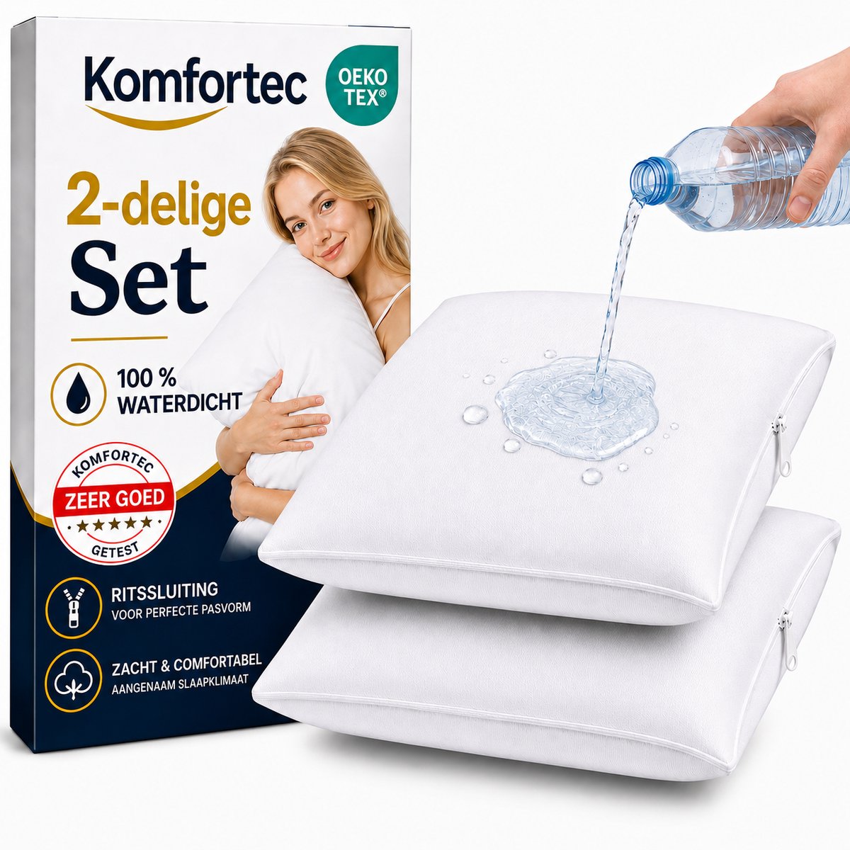 Komfortec Set van 2 Waterdichte Kussenbeschermers 60x70 cm - Ademende Kussenhoes-Hypoallergene Kussenslopen - Anti-mijt