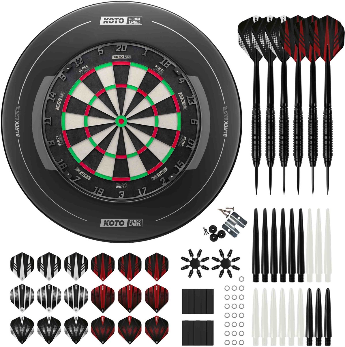KOTO Black Label Dartboard + KOTO Black Label Surround + 2 Sets KOTO dartpijlen 90 Pieces - Dartset