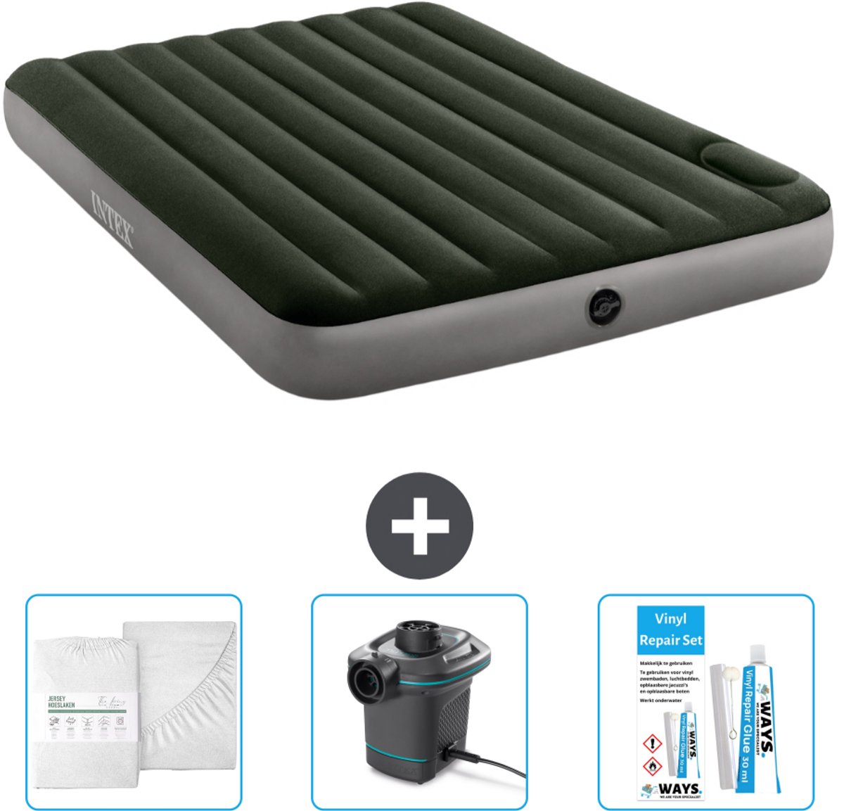 Intex Luchtbed - 2-Persoons - 152 x 203 x 25 cm - Groen - Hoeslaken - Pomp en Reparatieset
