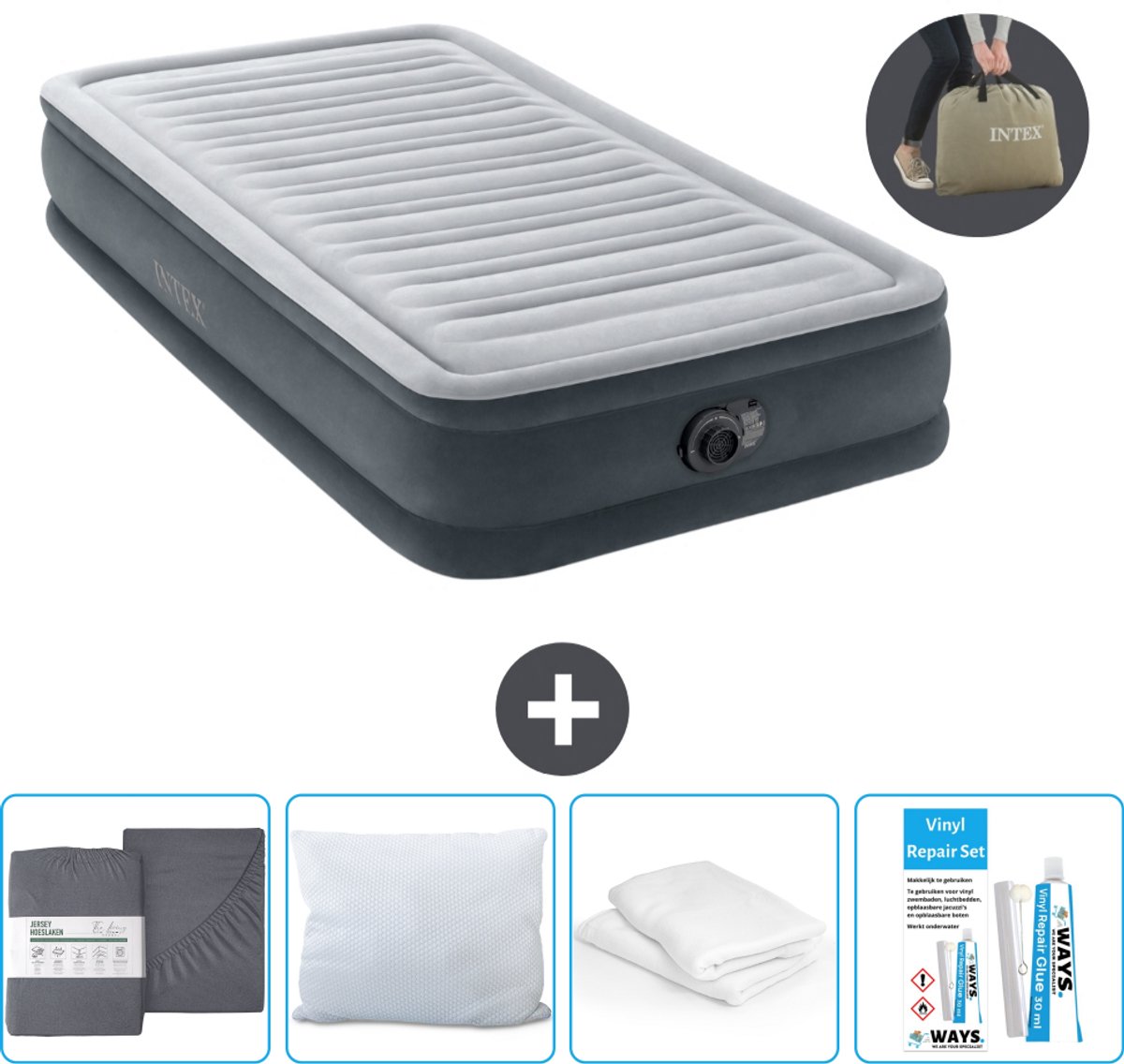 Intex Luchtbed - 1 Persoons - 99 x 191 x 33 cm - Grijs - Inclusief pomp - Hoeslaken - Kussen - Reparatieset en Kussenbeschermer