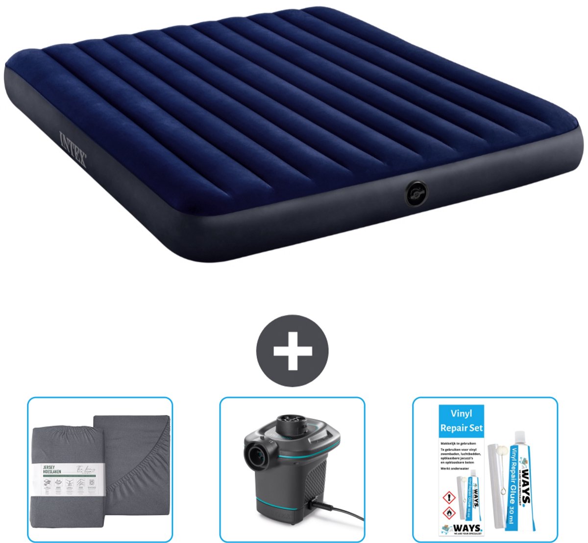 Intex Luchtbed - 2-Persoons - 183 x 203 x 25 cm - Blauw - Inclusief Hoeslaken - Pomp en Reparatieset